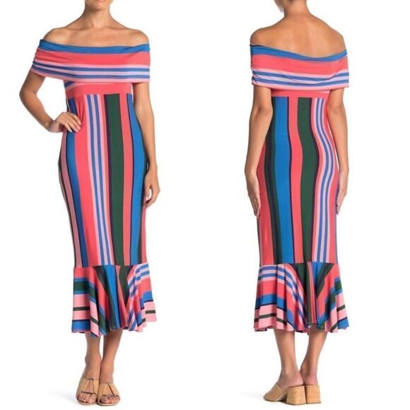 NWT ELLA MOSS Nora Off the Shoulder Striped  Flounce Midi Dress XS - Picture 1 of 7